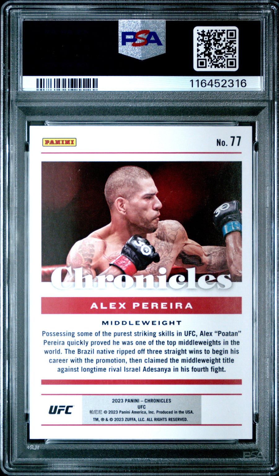 2023 Panini Chronicles UFC #77 Alex Pereira Red RC PSA 8 — Back