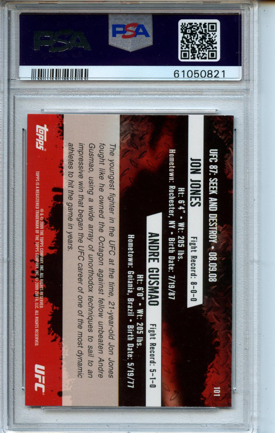 2009 Topps UFC Round 2 #101 J.Jones/A.Gusmao PSA 8 — Back