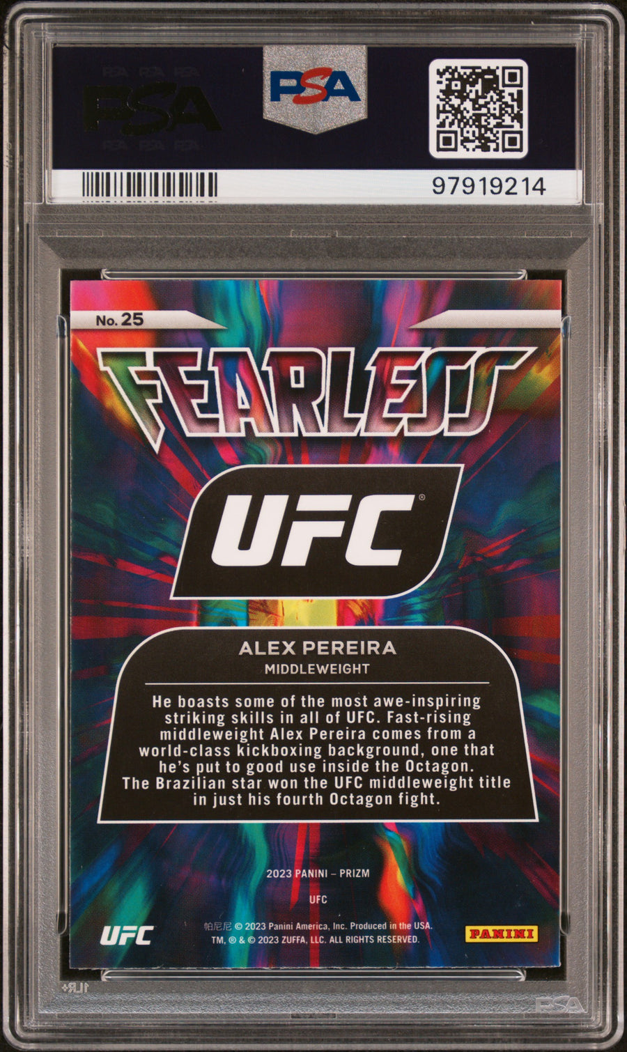 2023 Panini Prizm UFC Fearless #25 Alex Pereira Fearless PSA 10 — Back