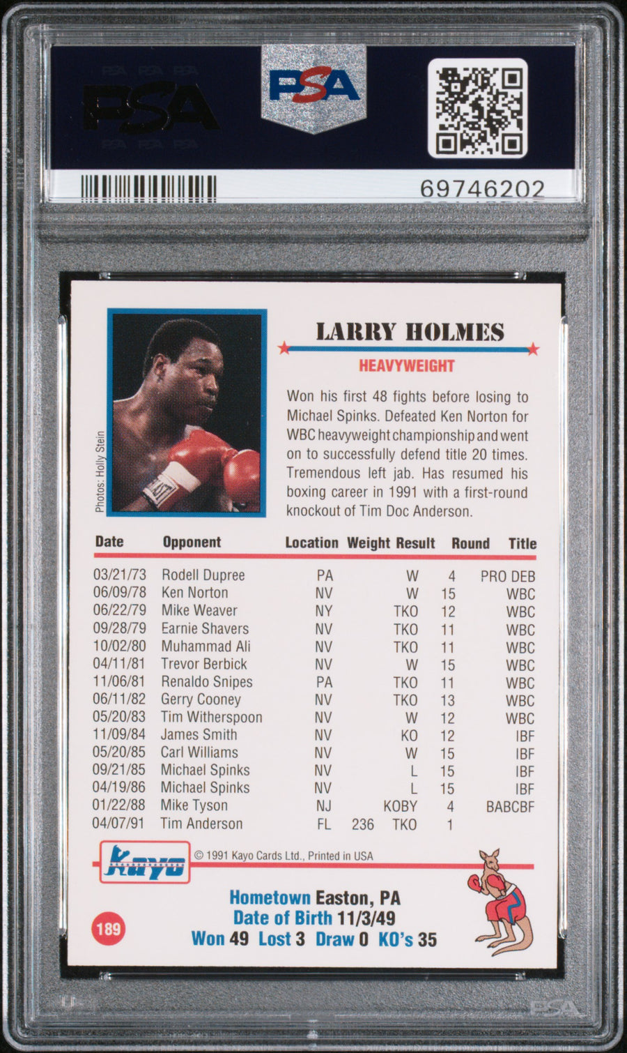 1991 Kayo #189 Larry Holmes PSA 9 — Back