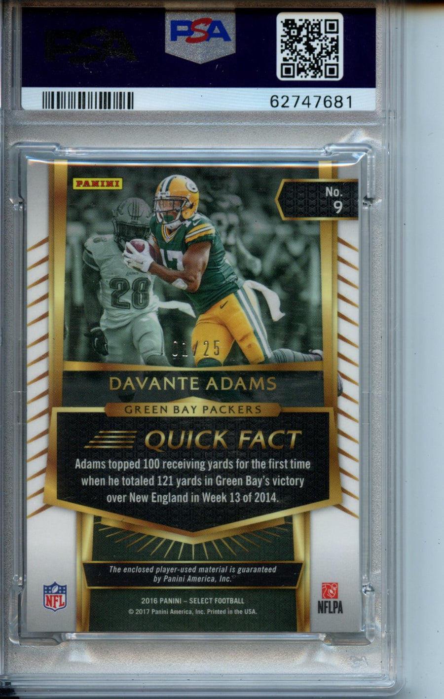 2016 Panini Select Select Swatch #9 Davante Adams Tie-Dye Prizm PSA 9 — Back