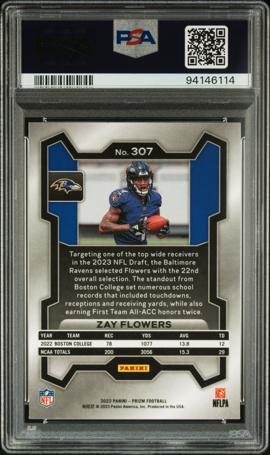 2023 Panini Prizm #307 Zay Flowers RC PSA 10 — Back