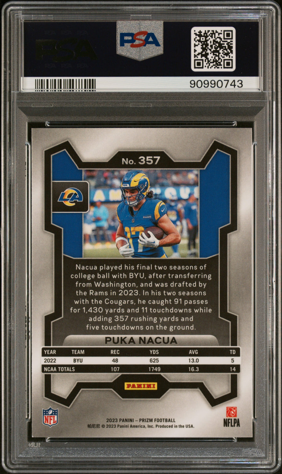 2023 Panini Prizm #357 Puka Nacua RC PSA 9 — Back