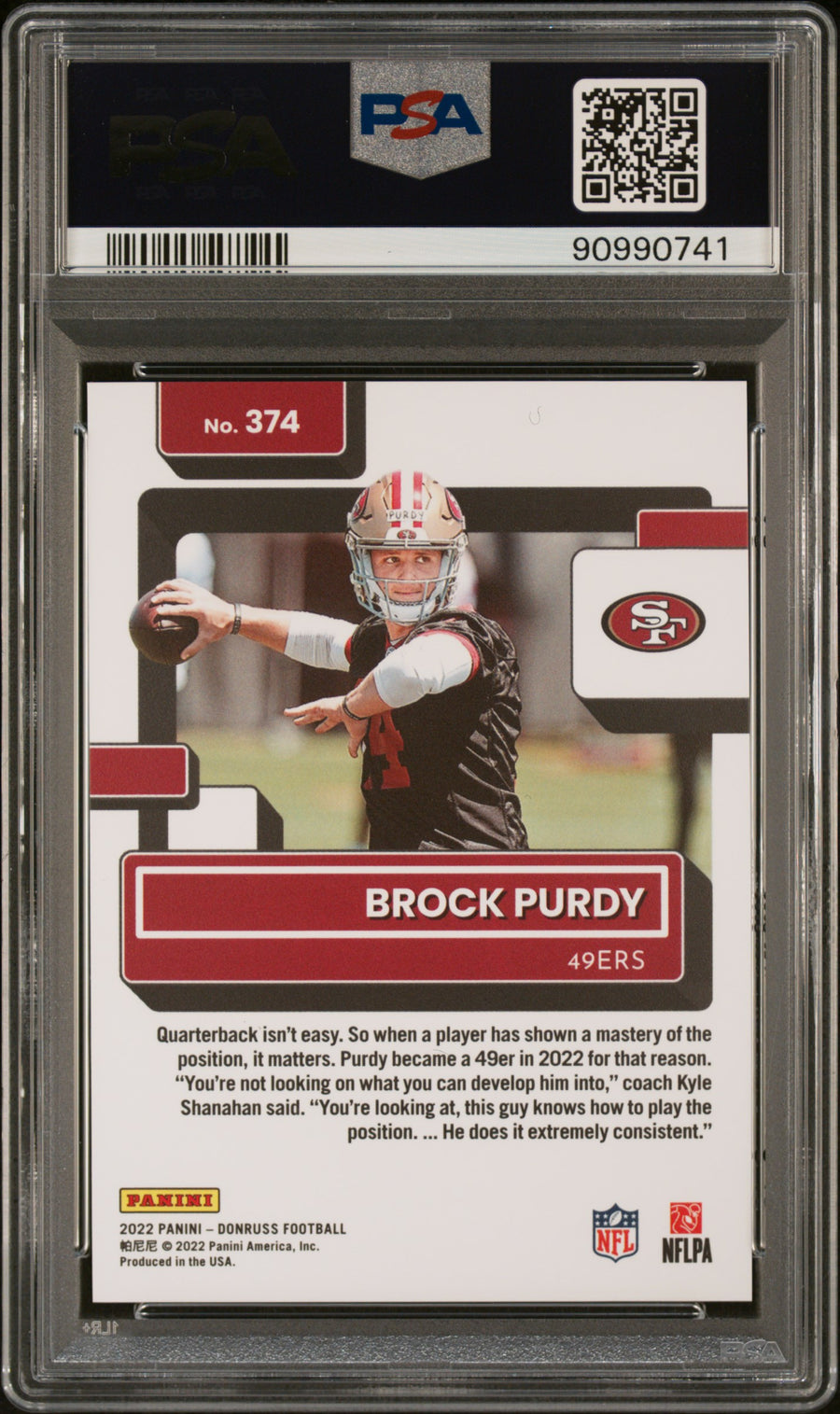 2022 Panini Donruss #374 Brock Purdy Press Proof Premium RR PSA 9 — Back