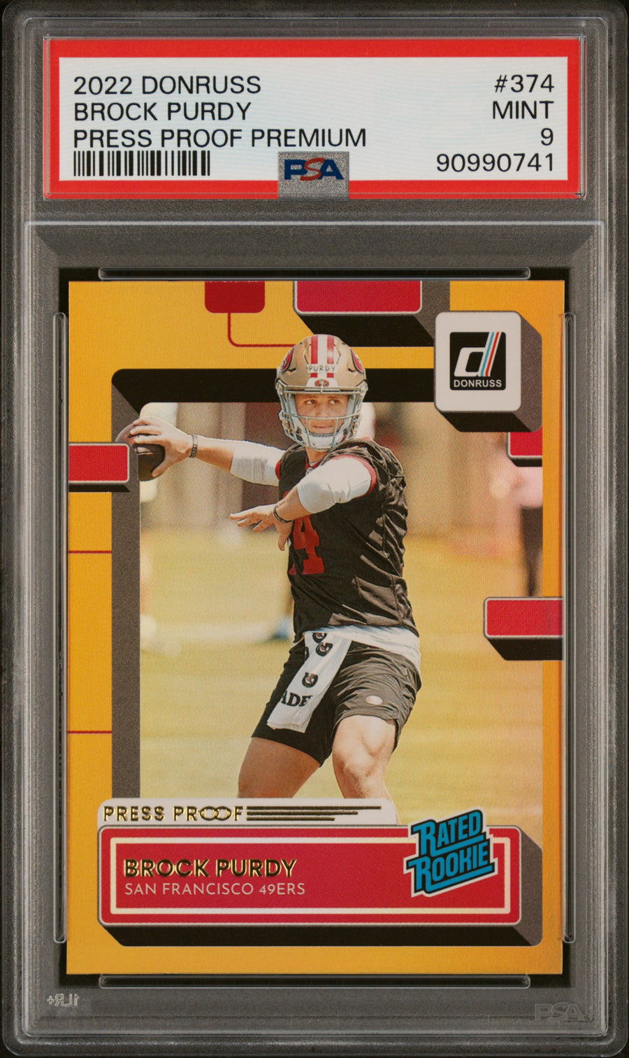 2022 Panini Donruss #374 Brock Purdy Press Proof Premium RR PSA 9 — Front