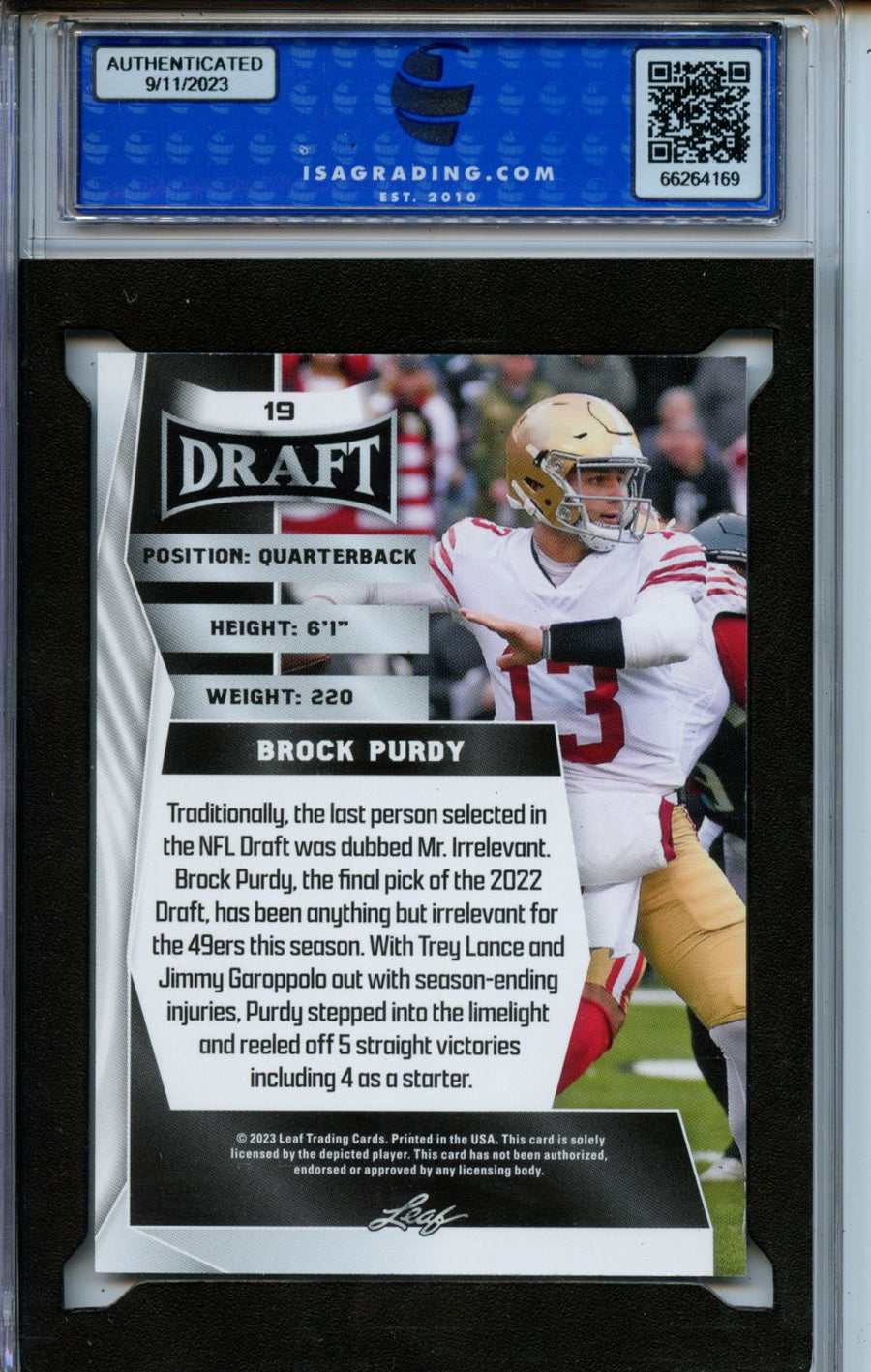 2023 Leaf Draft #19 Brock Purdy ISA 10 CERT#66264169 — Back