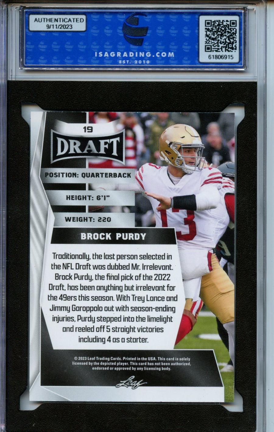 2023 Leaf Draft #19 Brock Purdy ISA 10 CERT#61806915 — Back