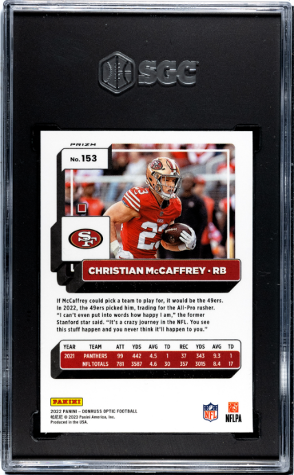 2022 Donruss Optic #153 Christian Mccaffrey Holo Prizm SGC 9.5 — Back