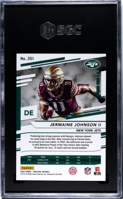 2022 Panini Prestige #351 Jermaine Johnson II Xtra Points Diamond RC SGC 9 — Back