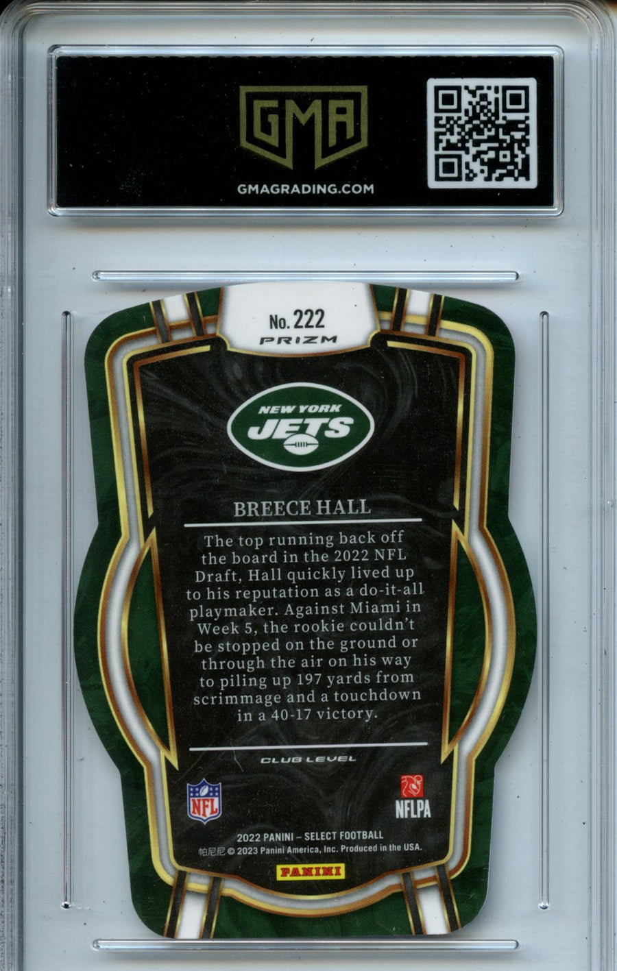2022 Panini Select #222 Breece Hall Club Level Red and Blue Prizm RC Die Cut GMA 10 — Back