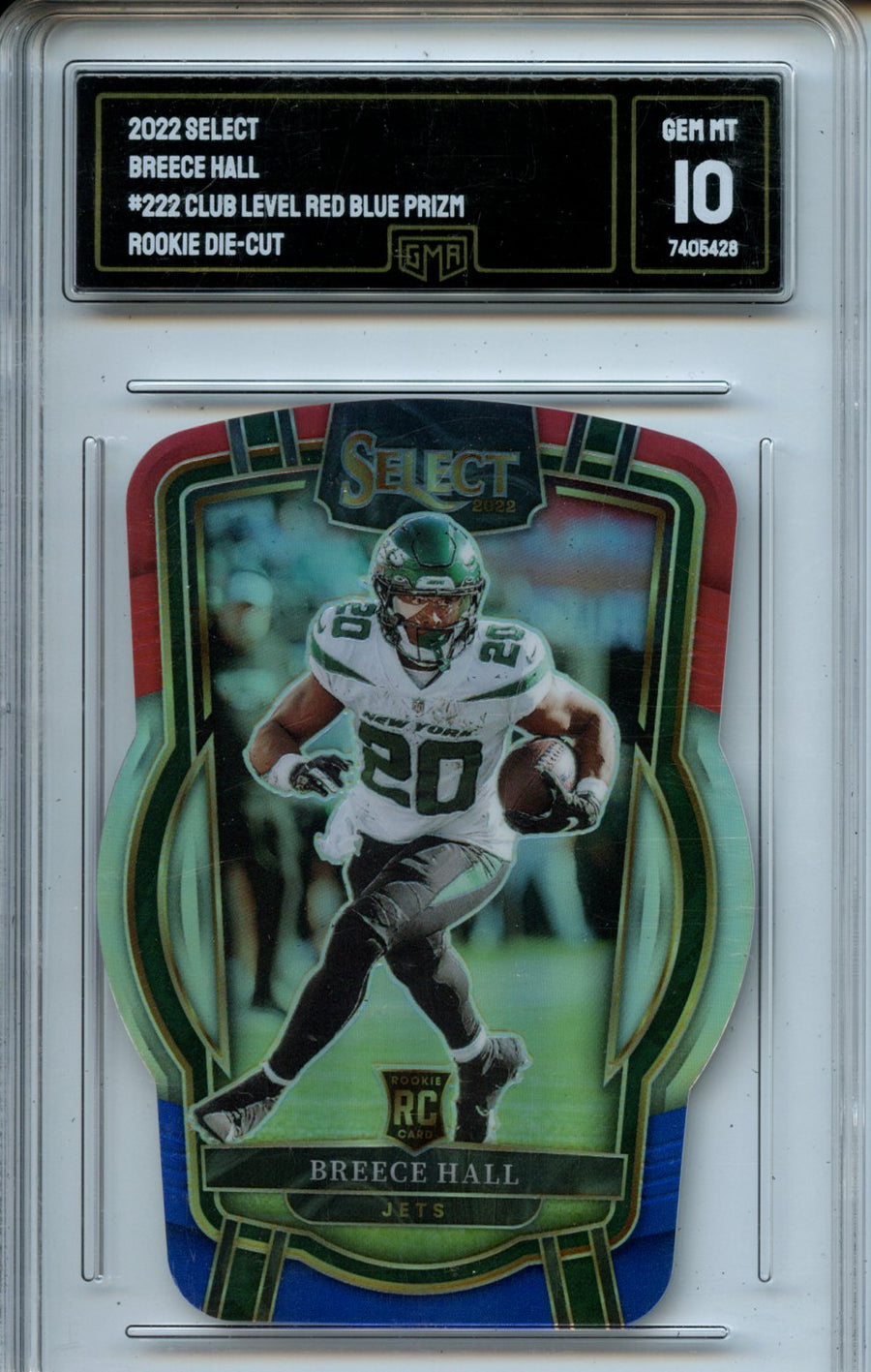 2022 Panini Select #222 Breece Hall Club Level Red and Blue Prizm RC Die Cut GMA 10 — Front