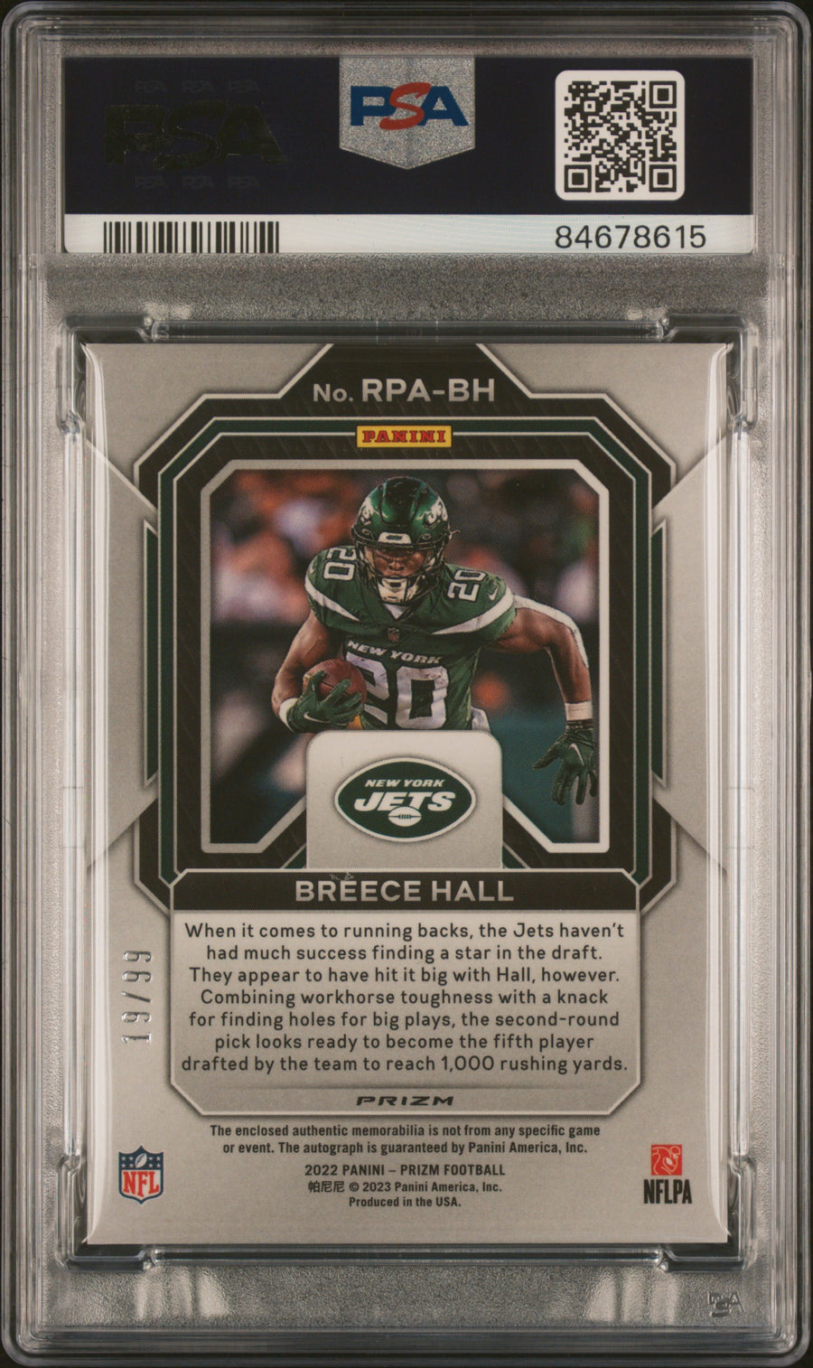 2022 Panini Prizm Rookie Patch Autographs #RPABH Breece Hall PSA 10-10 — Back