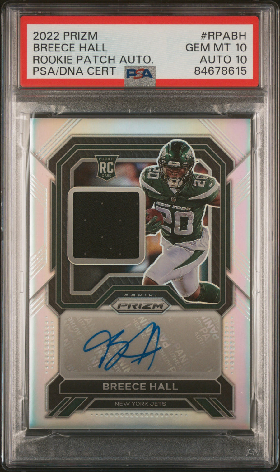 2022 Panini Prizm Rookie Patch Autographs #RPABH Breece Hall PSA 10-10 — Front