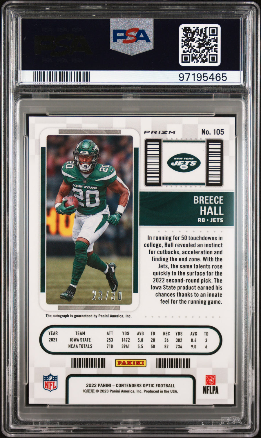 2022 Panini Contenders Optic #105 Breece Hall Auto-Green Pulsar RT PSA 9 AUTO AUTH — Back