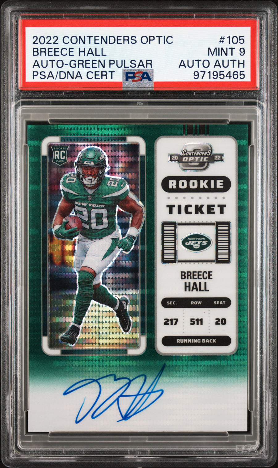 2022 Panini Contenders Optic #105 Breece Hall Auto-Green Pulsar RT PSA 9 AUTO AUTH — Front