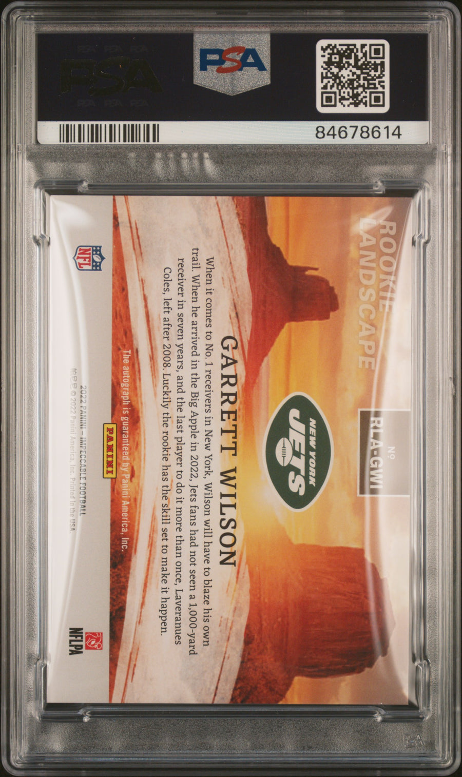 2022 Panini Impeccable Rookie Landscape Autographs #RLAGWI Garrett Wilson Silver RC PSA 9-10 — Back