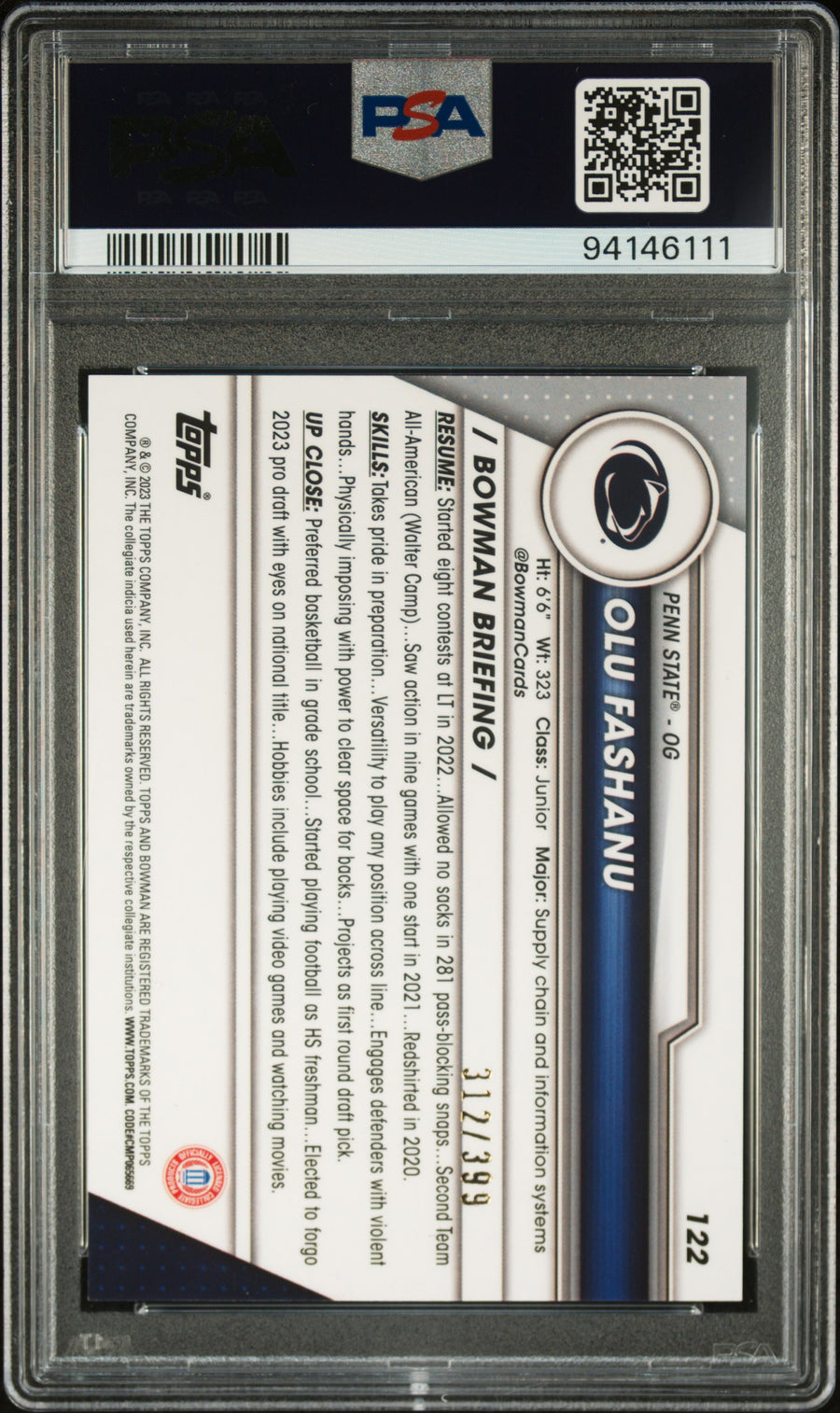 2023 Bowman University Chrome #122 Olu Fashanu Purple Refractor PSA 10 — Back