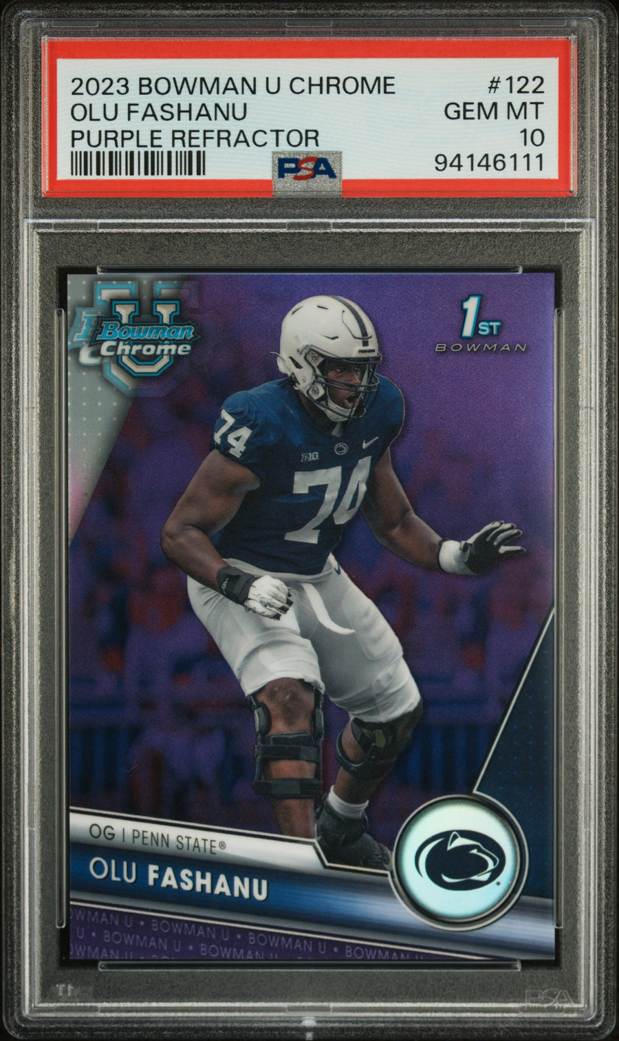 2023 Bowman University Chrome #122 Olu Fashanu Purple Refractor PSA 10 — Front