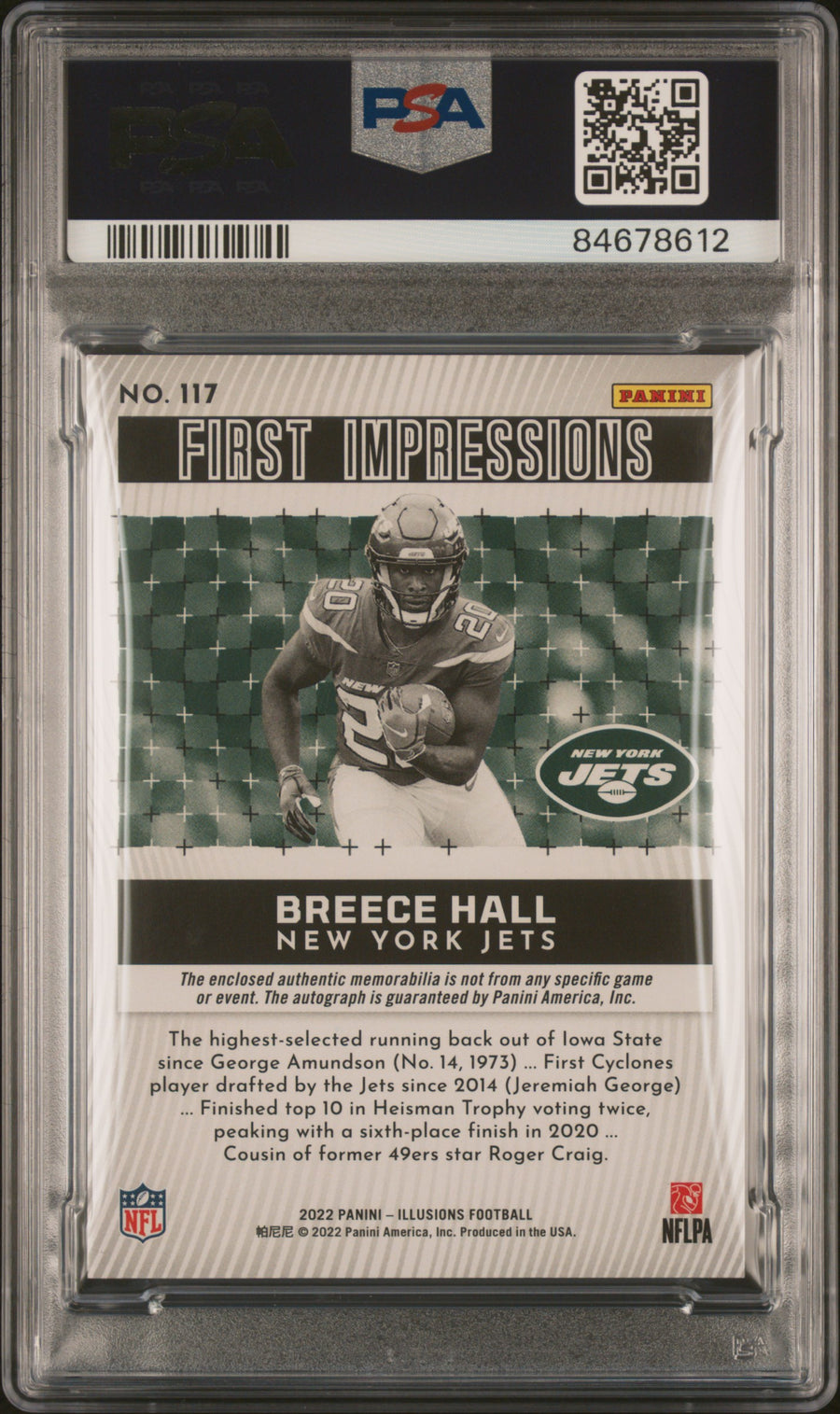 2022 Panini Illusions #117 Breece Hall Autograph Mem-Black RP PSA 9-10 — Back