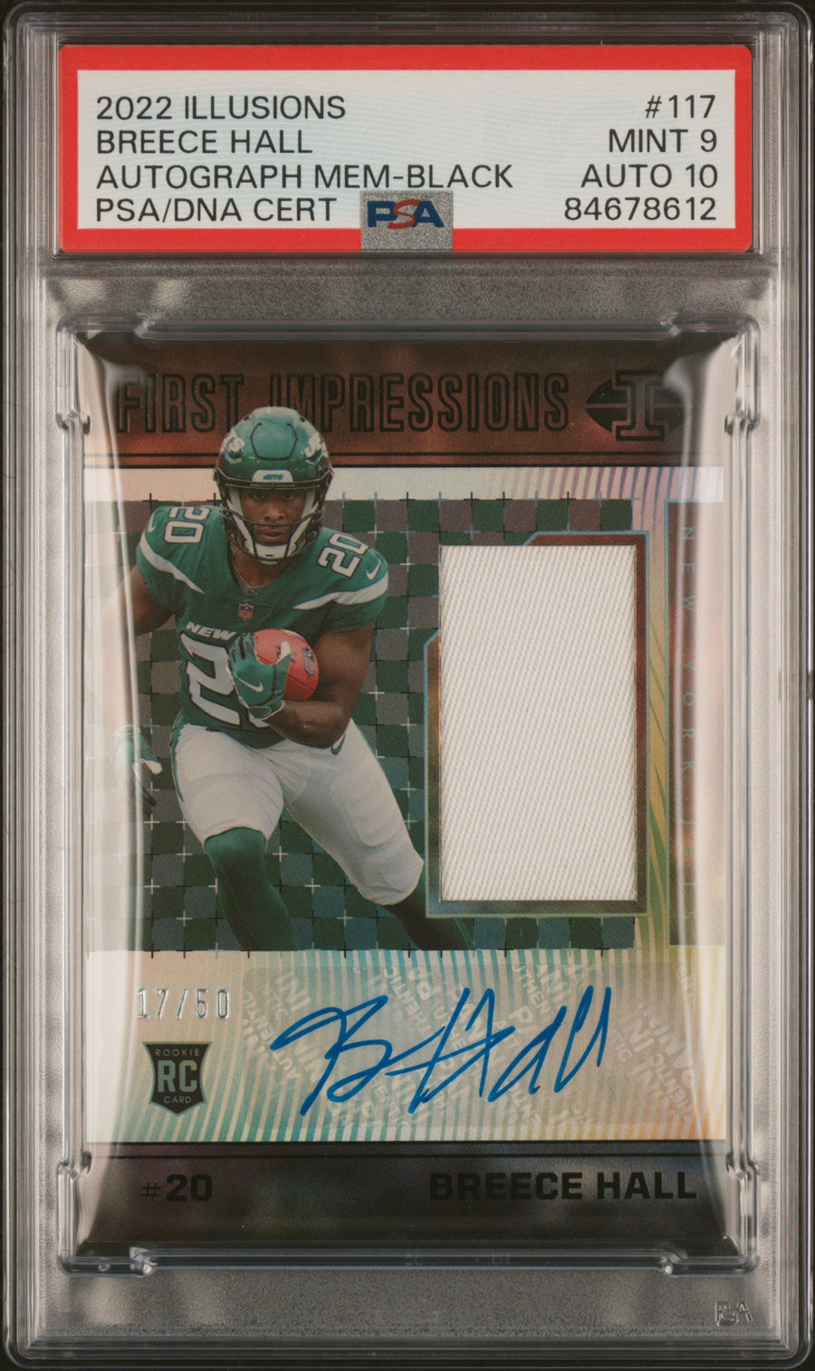 2022 Panini Illusions #117 Breece Hall Autograph Mem-Black RP PSA 9-10 — Front