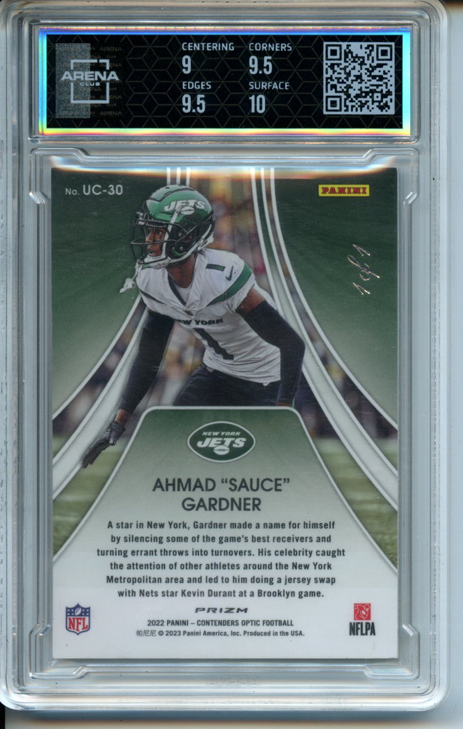 2022 #UC-30 Ahmad "Sauce" Gardner Up and Coming Gold Vinyl RC Arena Club 9.5 — Back