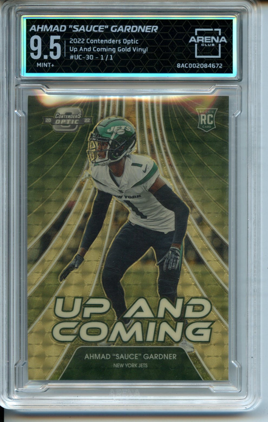 2022 #UC-30 Ahmad "Sauce" Gardner Up and Coming Gold Vinyl RC Arena Club 9.5 — Front