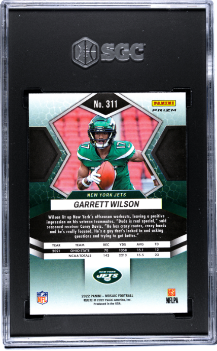 2022 Panini Mosaic #311 Garrett Wilson Silver Prizm RC SGC 8 — Back