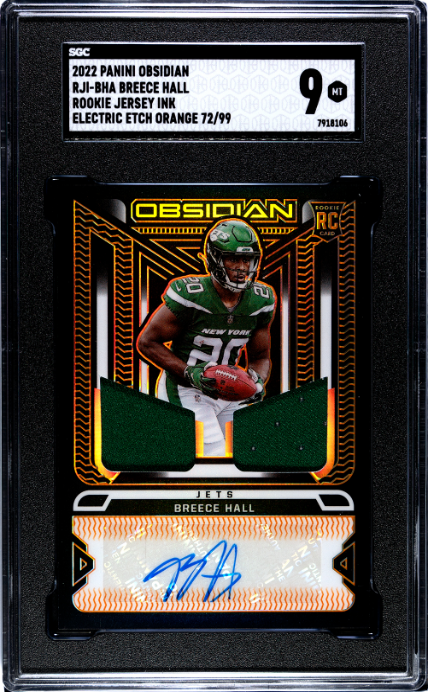2022 Panini Obsidian #RJI-BHA Breece Hall Rookie Jersey Ink Electric Etch Orange RP SGC 9 — Front