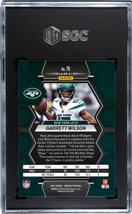 2023 Panini Mosaic #75 Garrett Wilson Blue Reactive Prizm SGC 9.5 — Back