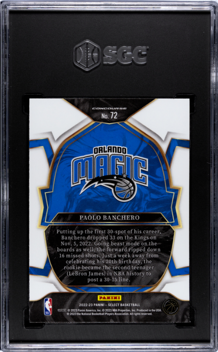 2022-23 Panini Select #72 Paolo Banchero Blue Retail RC SGC 8 — Back