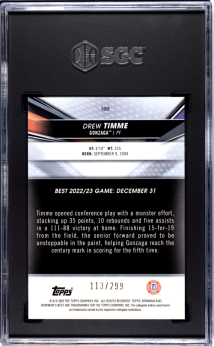 2022-23 Bowman University Best #100 Drew Timme Mini-Diamond Ref. SGC 10 — Back