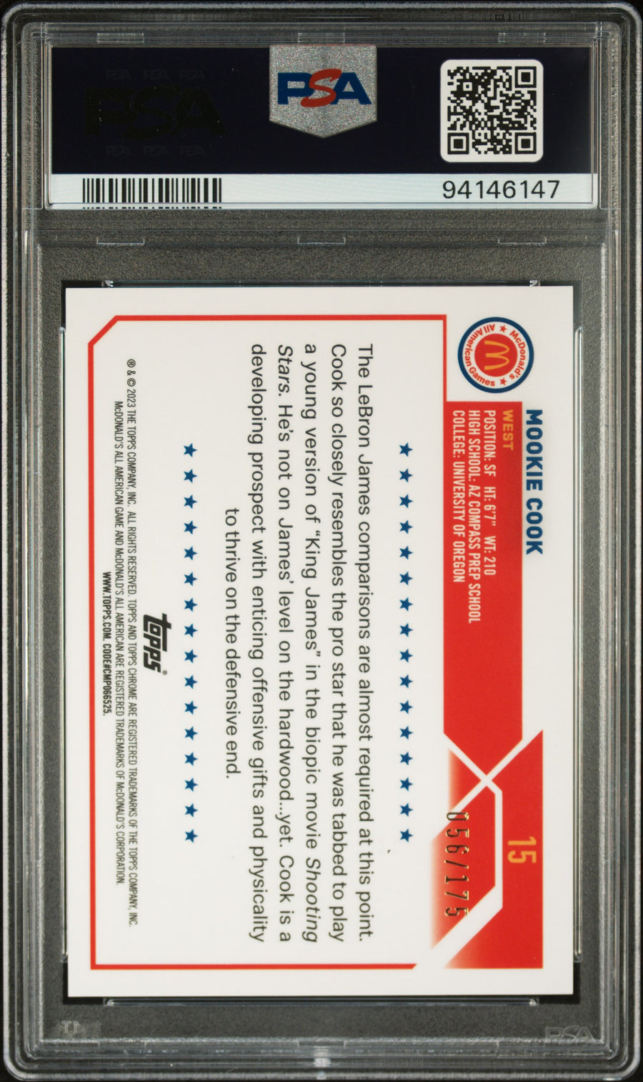 2023 Topps Chrome Mcdonald'S All-American #15 Mookie Cook Mcdonald'S A/A-Aq/Fsh Swirl PSA 10 — Back