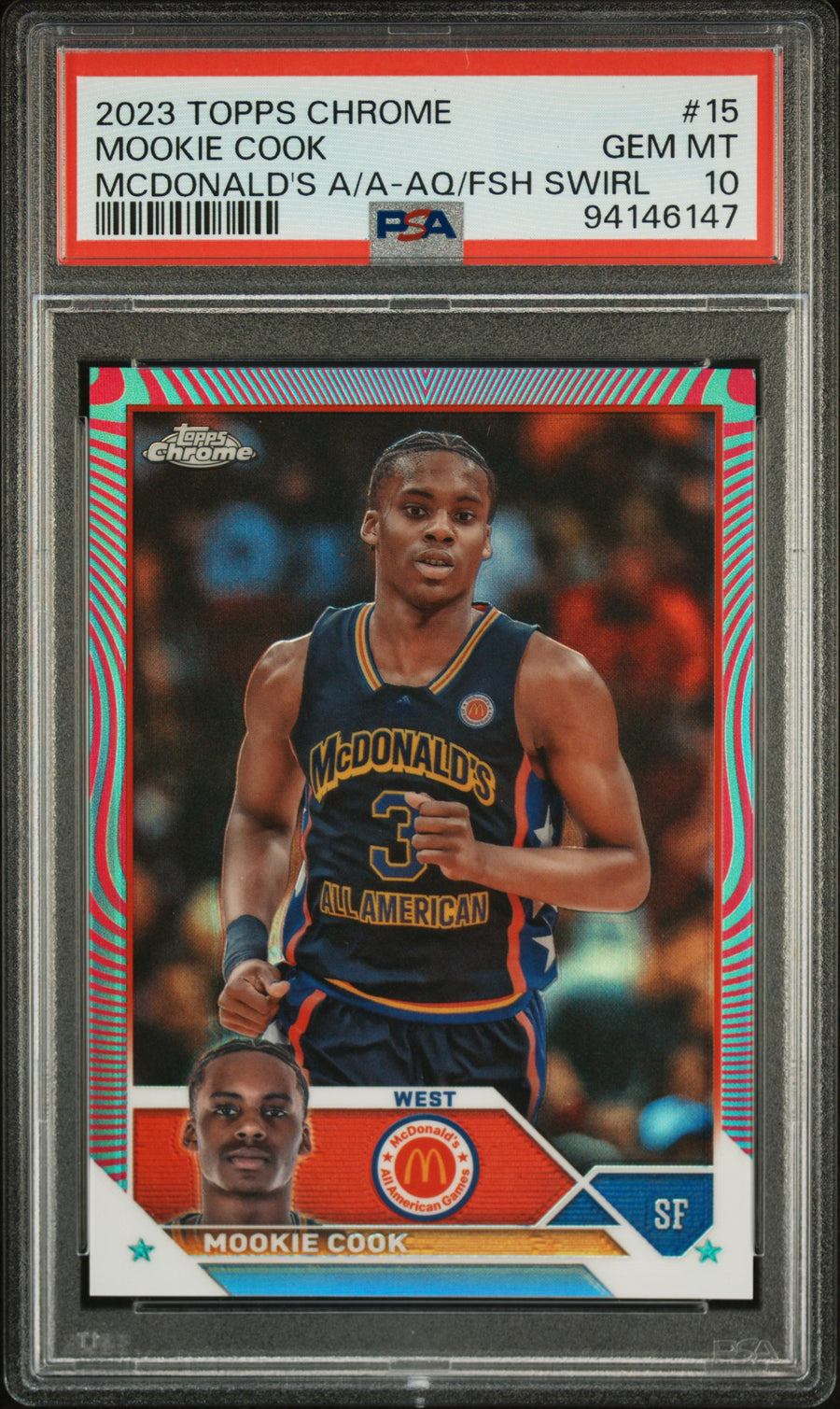 2023 Topps Chrome Mcdonald'S All-American #15 Mookie Cook Mcdonald'S A/A-Aq/Fsh Swirl PSA 10 — Front
