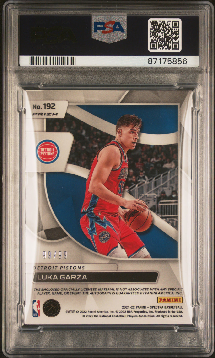 2021 Panini Spectra #192 Luka Garza Jersey Auto-Celestial RP PSA 8-10 — Back