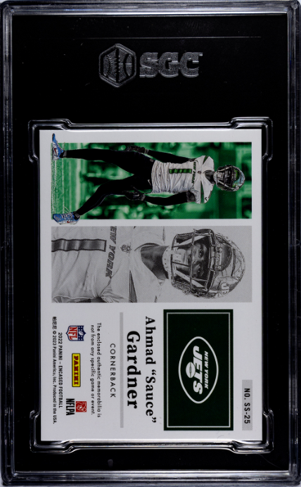 2022 Panini Encased #SS-25 Ahmad Gardner Substantial Rookie Swatches Gold RP SGC 9.5 — Back