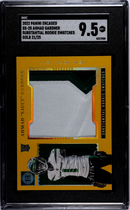 2022 Panini Encased #SS-25 Ahmad Gardner Substantial Rookie Swatches Gold RP SGC 9.5 — Front