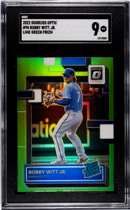 2022 Donruss Optic #98 Bobby Witt Jr. Lime Green Prizm RR SGC 9 — Front