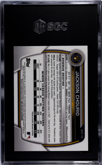 2023 Bowman #BCP-76 Jackson Chourio Chrome Prospect SGC 10 — Back