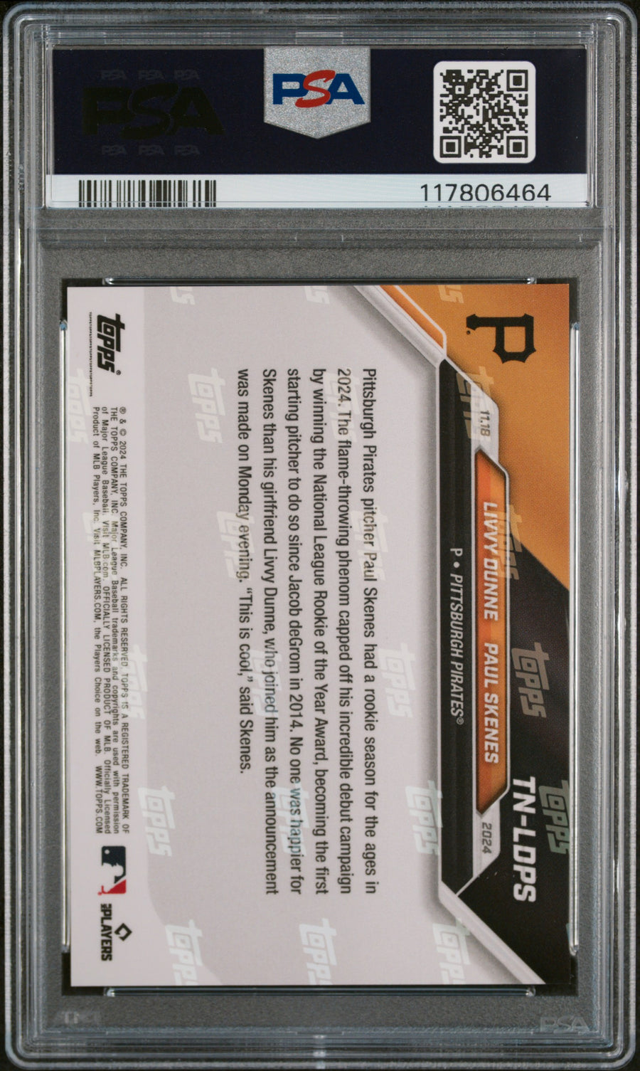 (8)2024 Topps Now Offseason #TNLDPS L.Dunne/P.Skenes PSA 10 — Back
