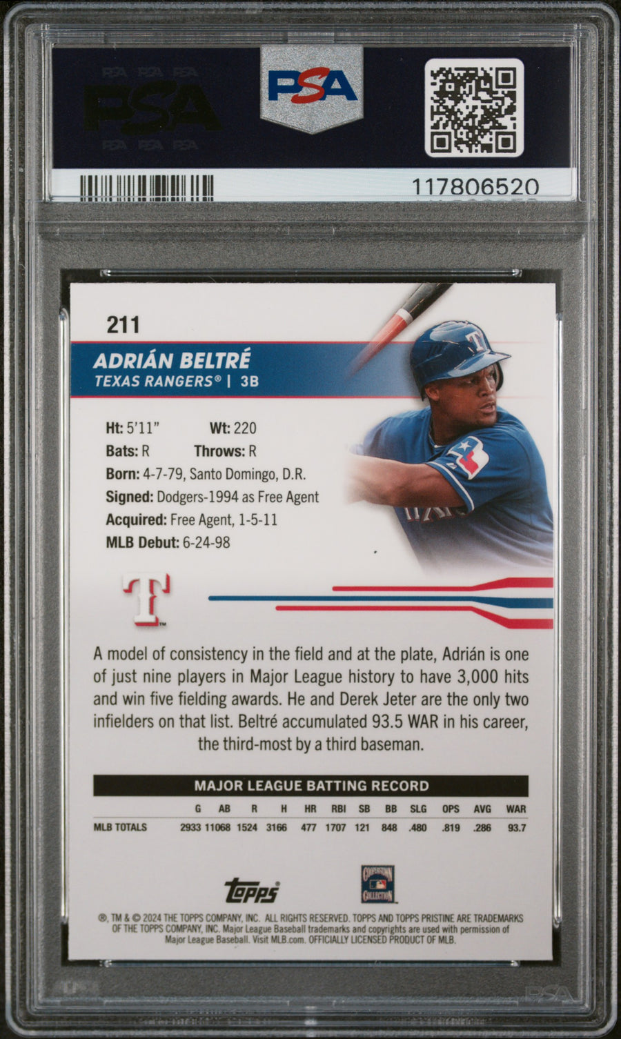 2024 Topps Pristine #211 Adrian Beltre PSA 10 — Back