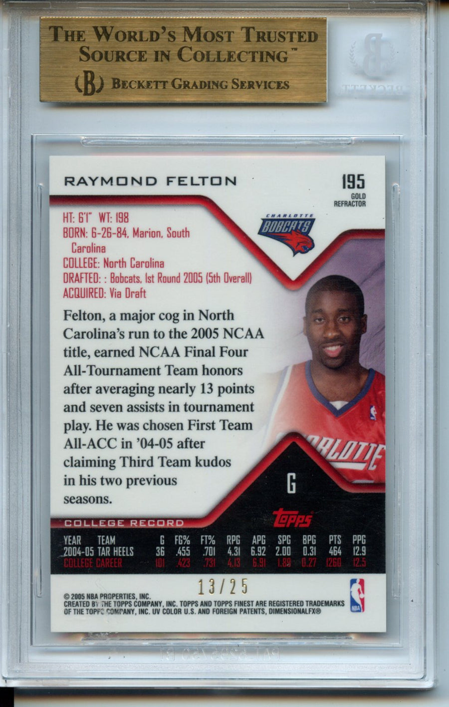 2004-05 Finest Refractors Gold #195 Draft Pick RC #5 BGS 9.5 — Back