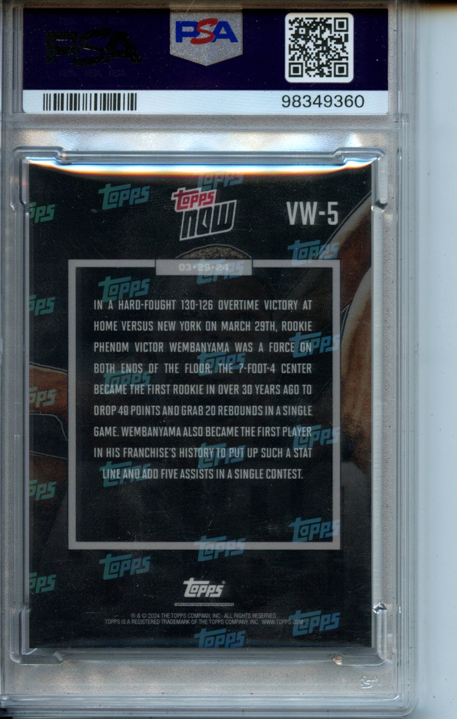 2023 Topps Now #VW5 Victor Wembanyama RC PSA 9 — Back