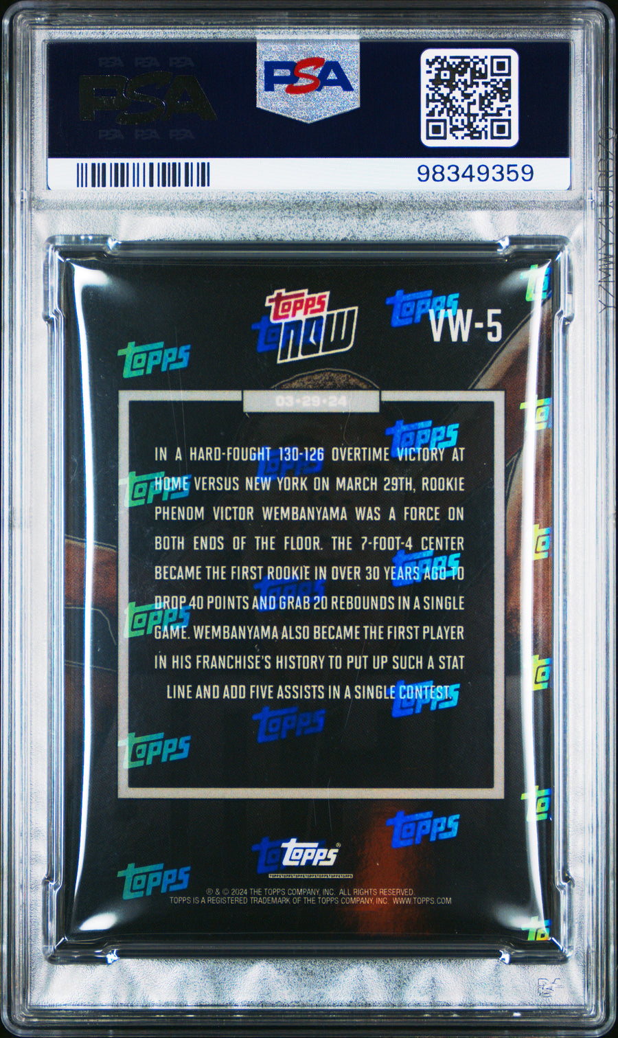 2023 Topps Now #VW5 Victor Wembanyama RC PSA 10 — Back