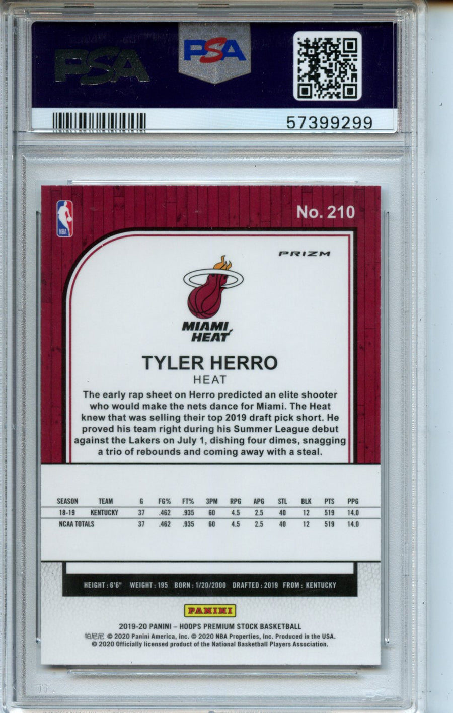 2019 Panini Hoops Premium Stock #210 Tyler Herro Sp-Flash RC PSA 10 — Back