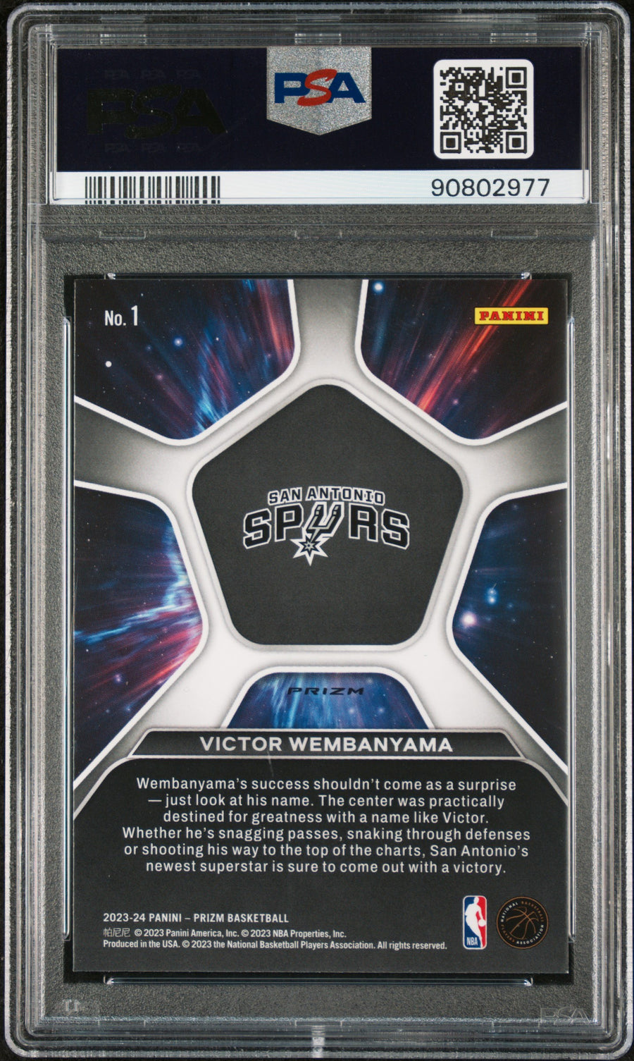 2023 Panini Prizm Deep Space #1 Victor Wembanyama Deep Space-Green Prizm RC PSA 10 — Back