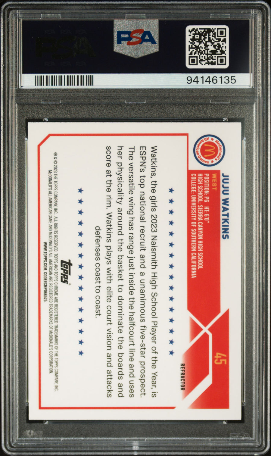 2023 Topps Chrome Mcdonald'S All-American #45 Juju Watkins Refractor PSA 9 — Back