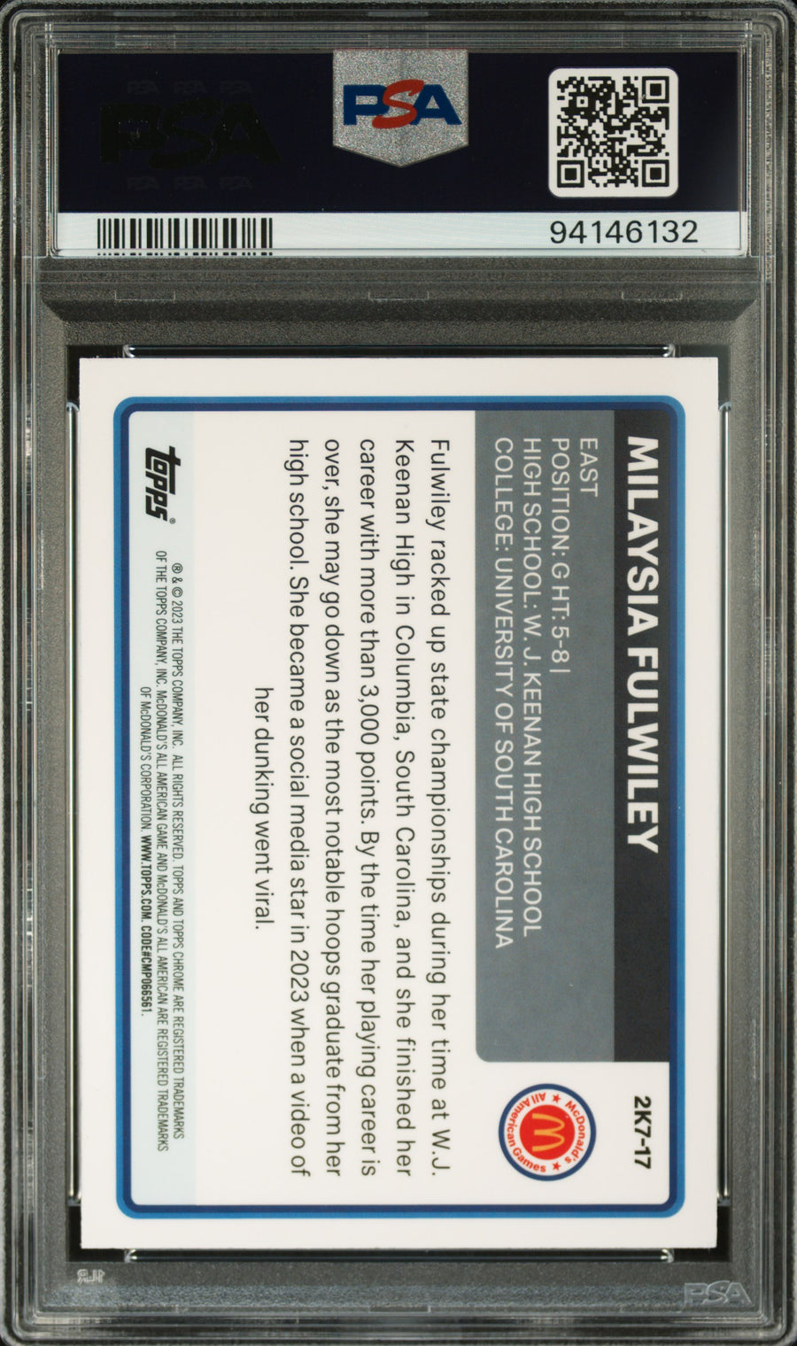 2023 Topps Chrome 2007 Mcdonald'S All-American #2K7-17 Milaysia Fulwiley PSA 9 — Back