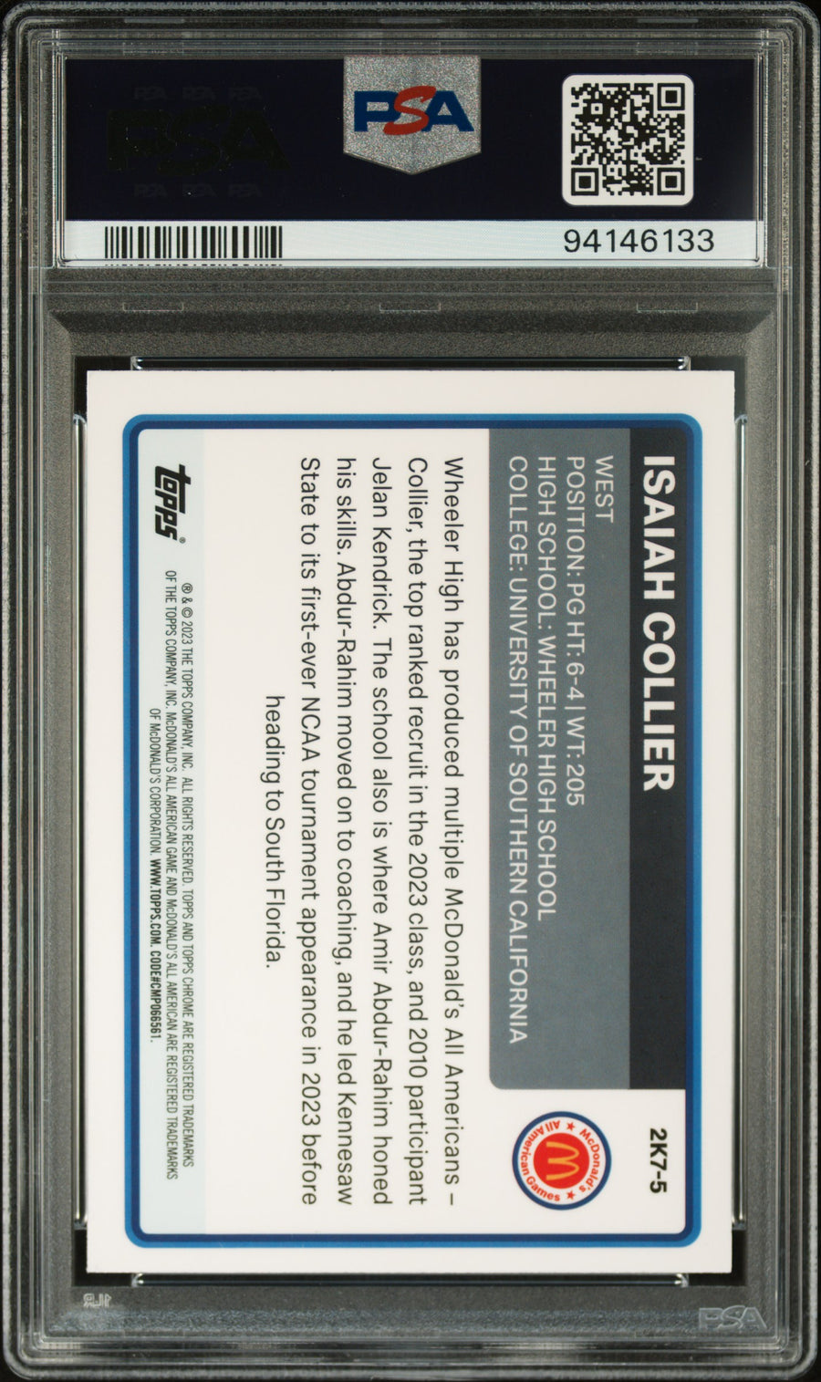 2023 Topps Chrome 2007 Mcdonald'S All-American #2K7-5 Isaiah Collier PSA 10 — Back