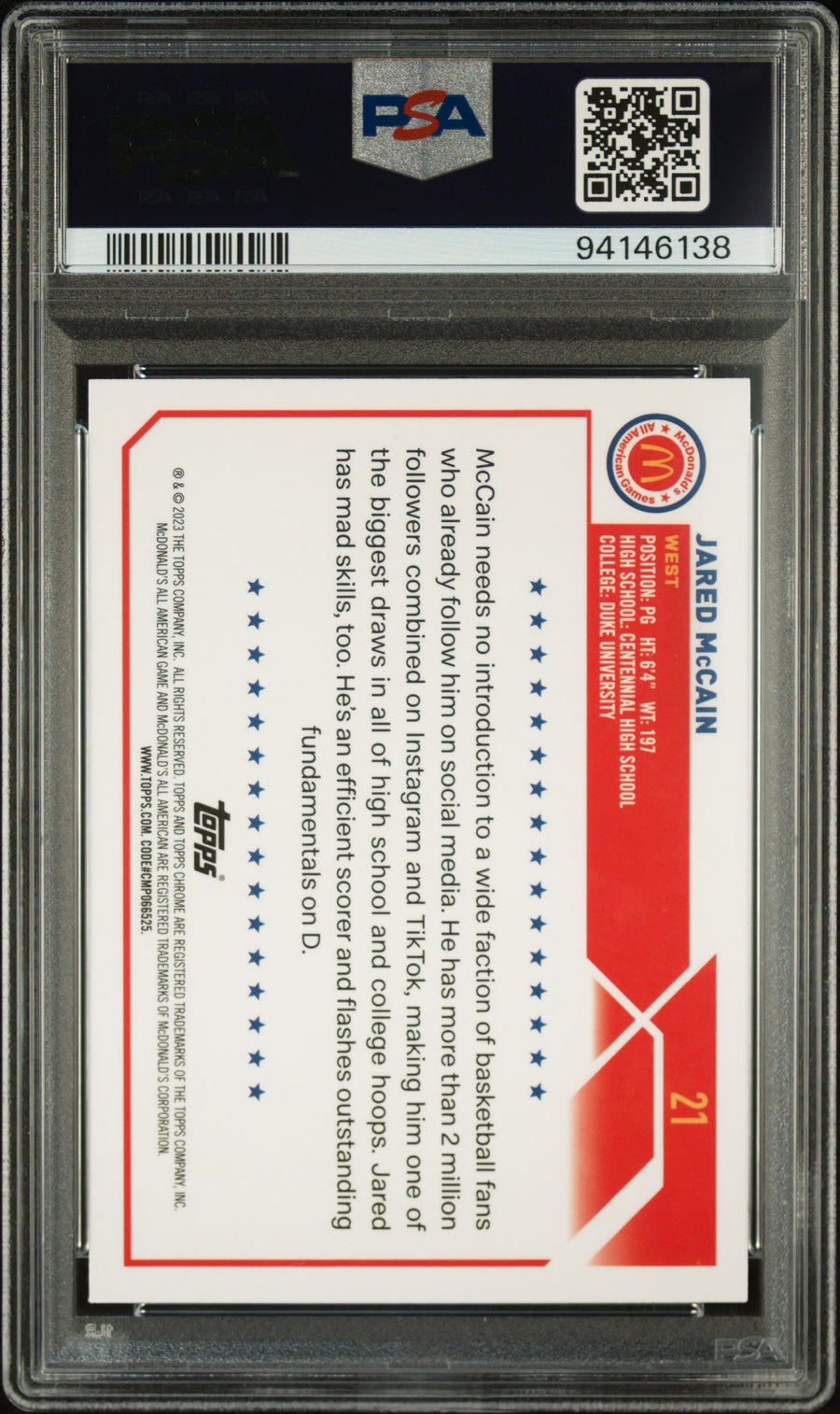 2023 Topps Chrome Mcdonald'S All-American #21 Jared Mccain PSA 10 — Back