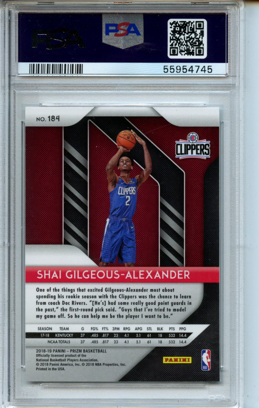 2018 Panini Prizm #184 S.Gilgeous-Alexander PSA 9 — Back